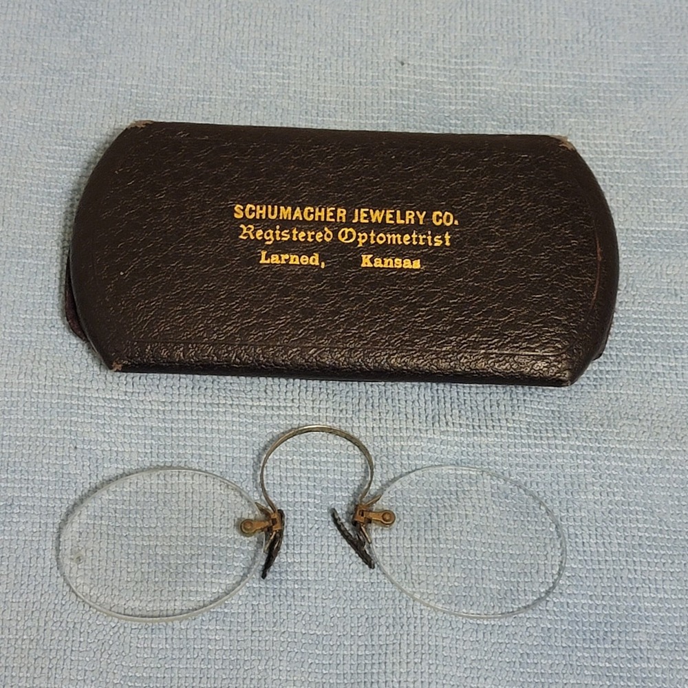 Antique Civil War era Wireless Rim Spectacles Glasses Schumacher Metal Case